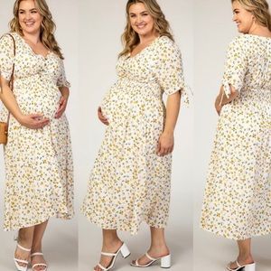 Ivory Floral Tie Sleeve Maternity Plus Midi Dress